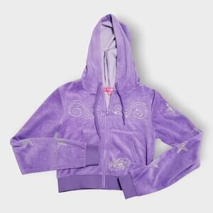 Dolls Kill x Winx Club Purple Velour Rhinestone Crop Baby Hoodie Sz XS Y2K Bling